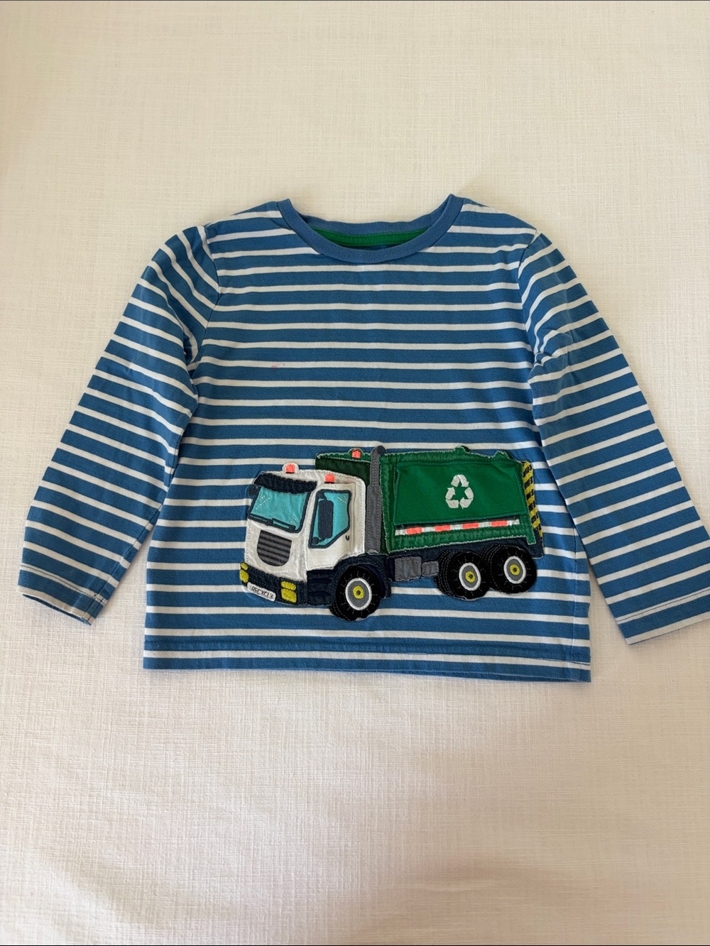 Mini Boden Blue Striped Long-Sleeve Tee with Green Truck Appliqué size 3-4